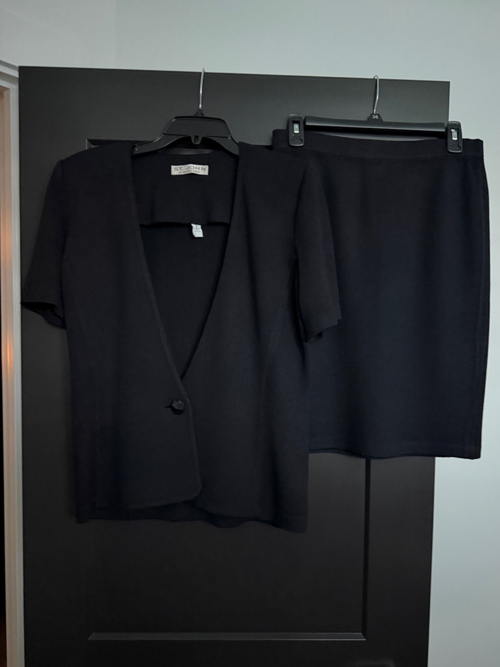 St. John Black Knit Pencil Skirt and Short Sleeve Cardigan Set